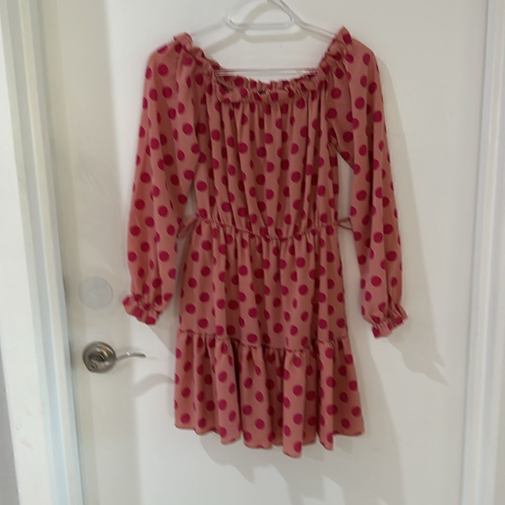 PRETTY LITTLE THING pink polka dot ruffle off shoulder dress empire waist belt 6 - Picture 10 of 10